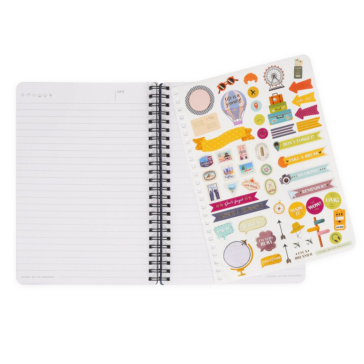 Legami - A5-liniertes Notizbuch mit illustrierter Hartschale - Reisesticker - Spiralbindung
