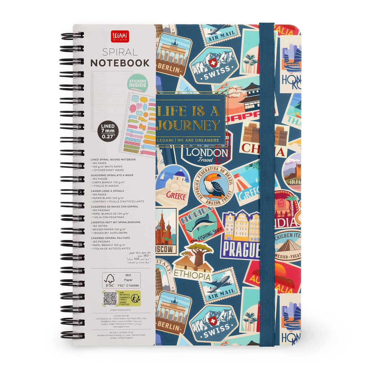 Legami - A5-liniertes Notizbuch mit illustrierter Hartschale - Reisesticker - Spiralbindung