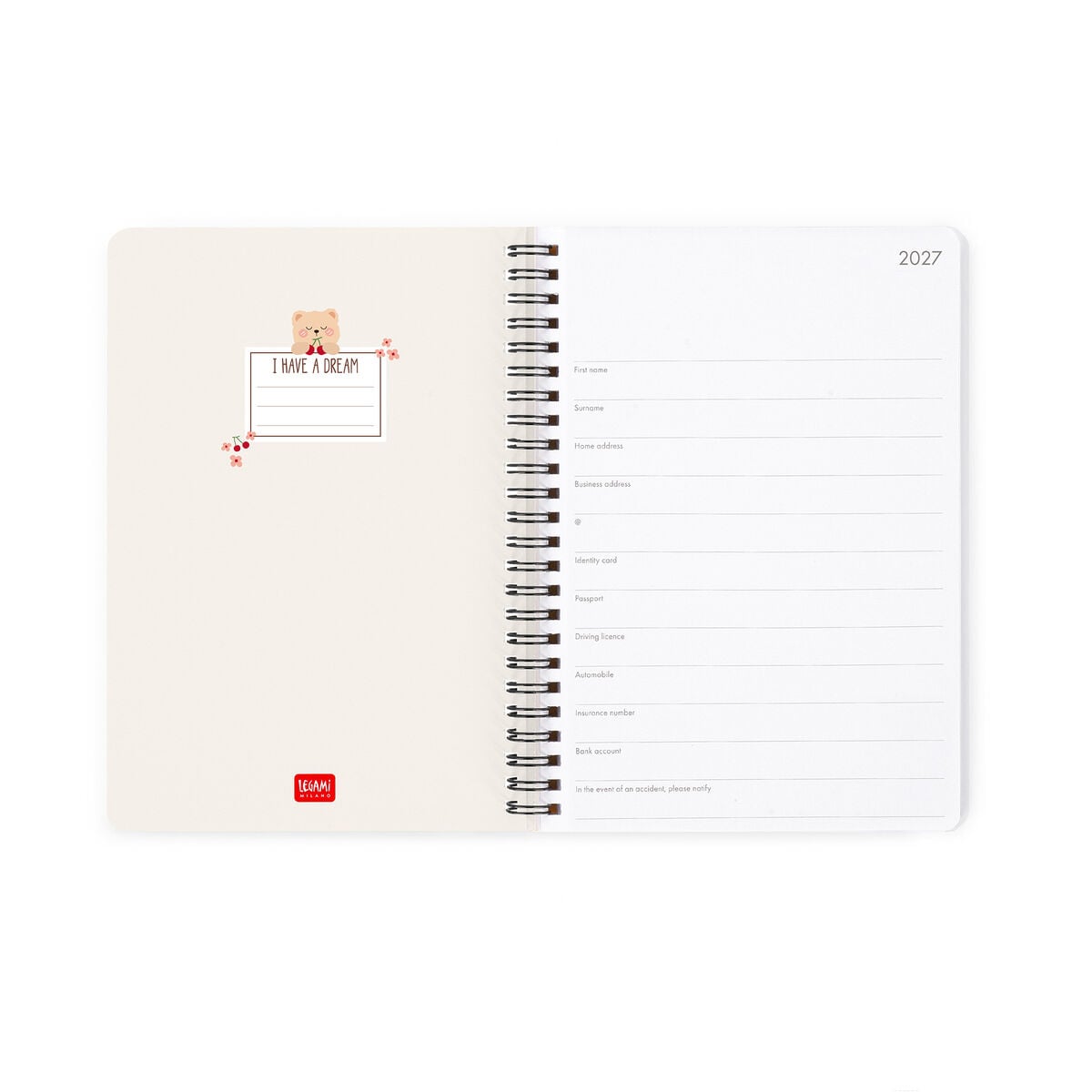 Legami - 12-Month Büyük Spiral-Bound Weekly Günlük 2027 - Ayıcık White