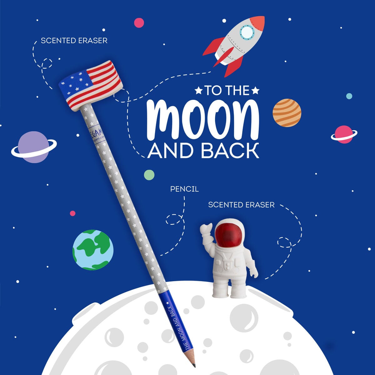 Legami - Seti 2 Erasers ve 1 Kalem - To Moon ve Back
