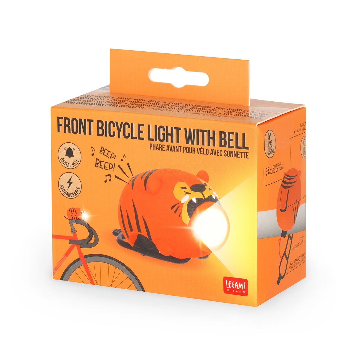 Legami - Rechargeable Front Bicycle Light mit Klingel - Tiger - Front Bicycle Light mit Klingel