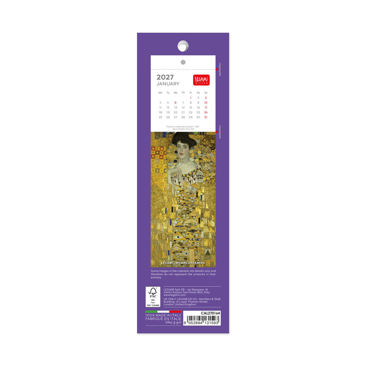 Legami - Gustav Klimt 2027 Kitap Ayracı Takvim - 5,5 x 18 cm
