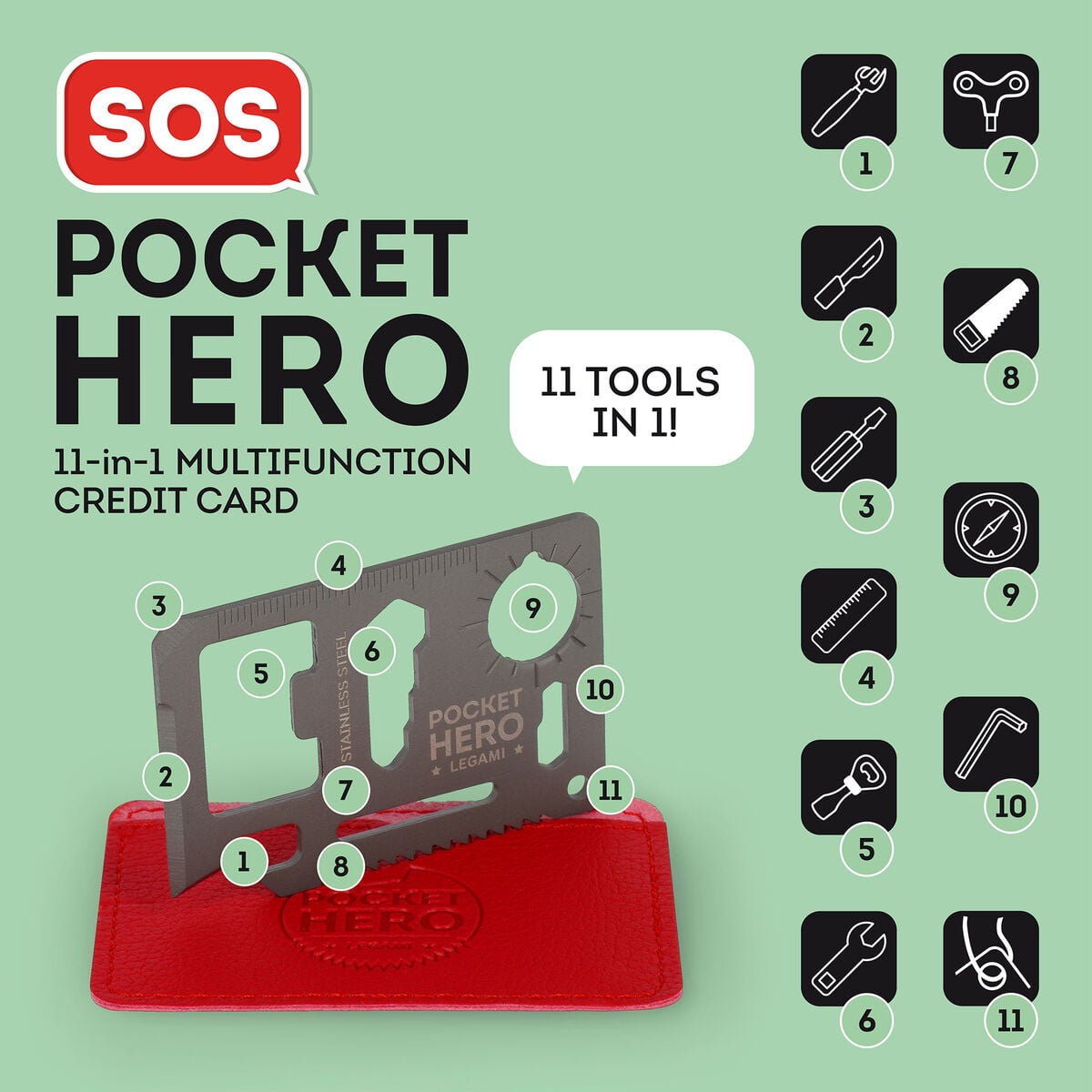 Legami - Stainless Steel 11-in-1 Credit Kartı Multi-Tool - SOS Pocket Hero