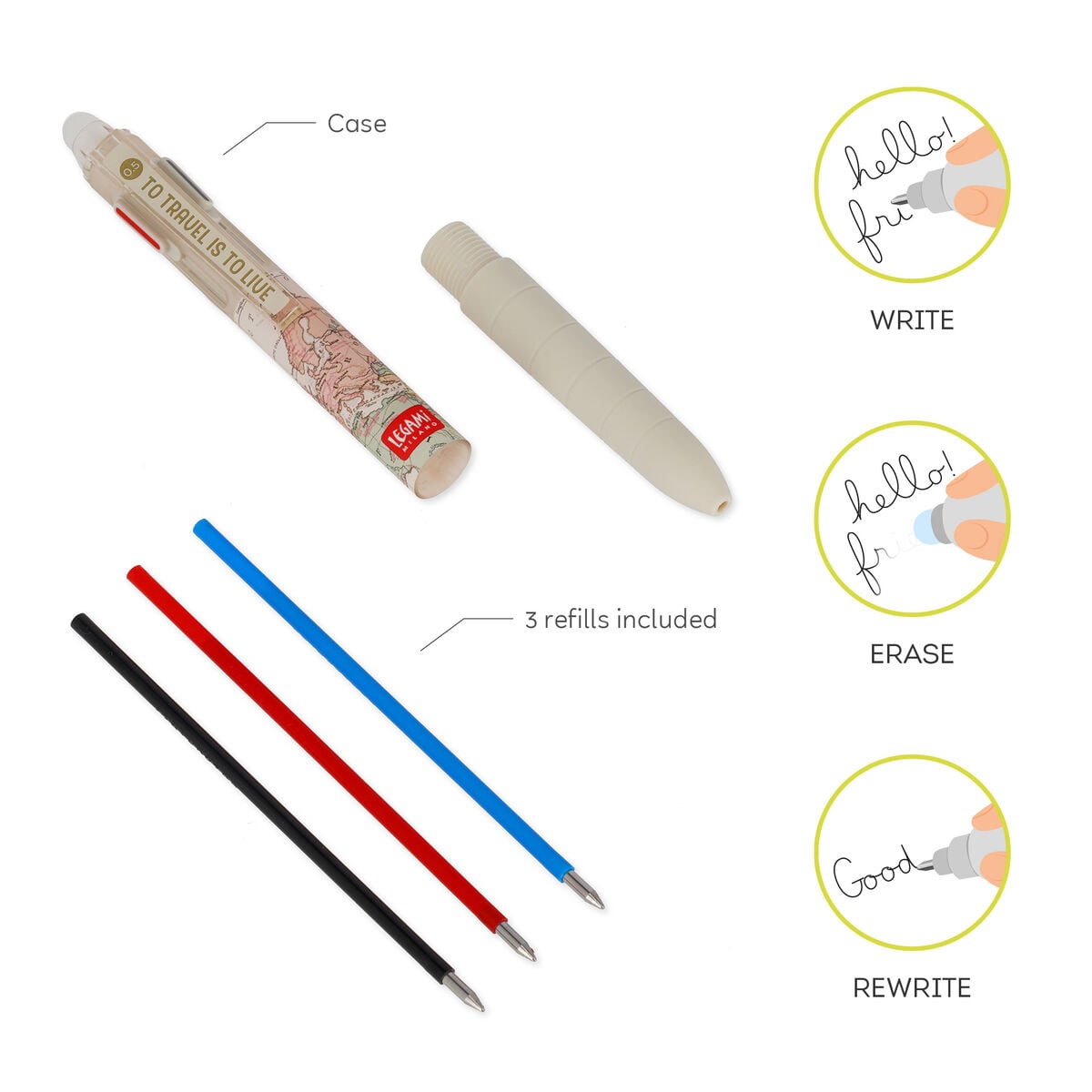 Legami - 3-Colour Erasable Gel Kalem - Seyahat - Make Mistakes