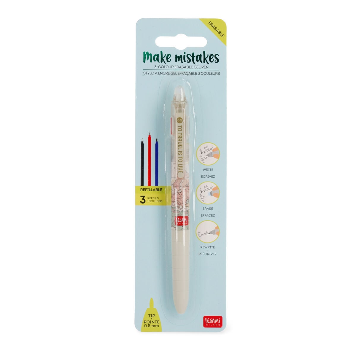 Legami - 3-Colour Erasable Gel Kalem - Seyahat - Make Mistakes