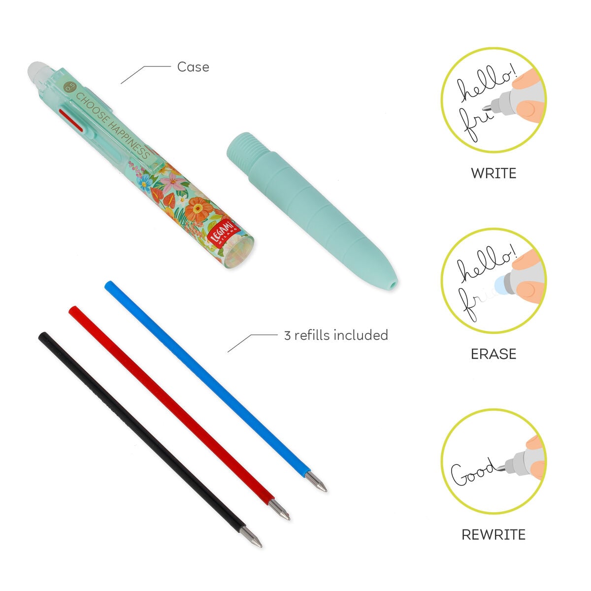 Legami - 3-Colour Erasable Gel Kalem - Çiçekler - Make Mistakes
