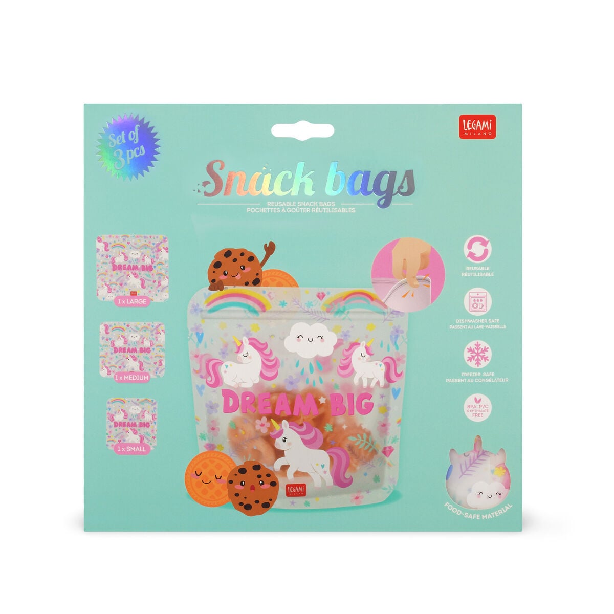 Legami - 3er-Set wiederverwendbare Snack-Beutel - Einhorn - Snack-Beutel