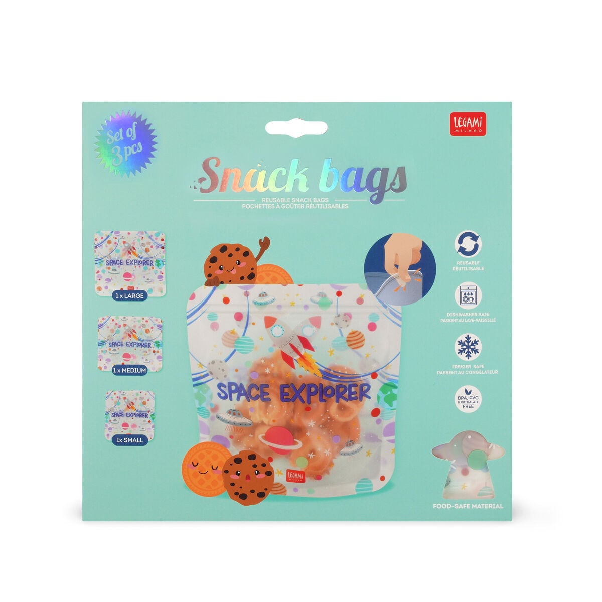 Legami - 3'lü Seti Reusable Snack Bags - Uzay - Snack Bags