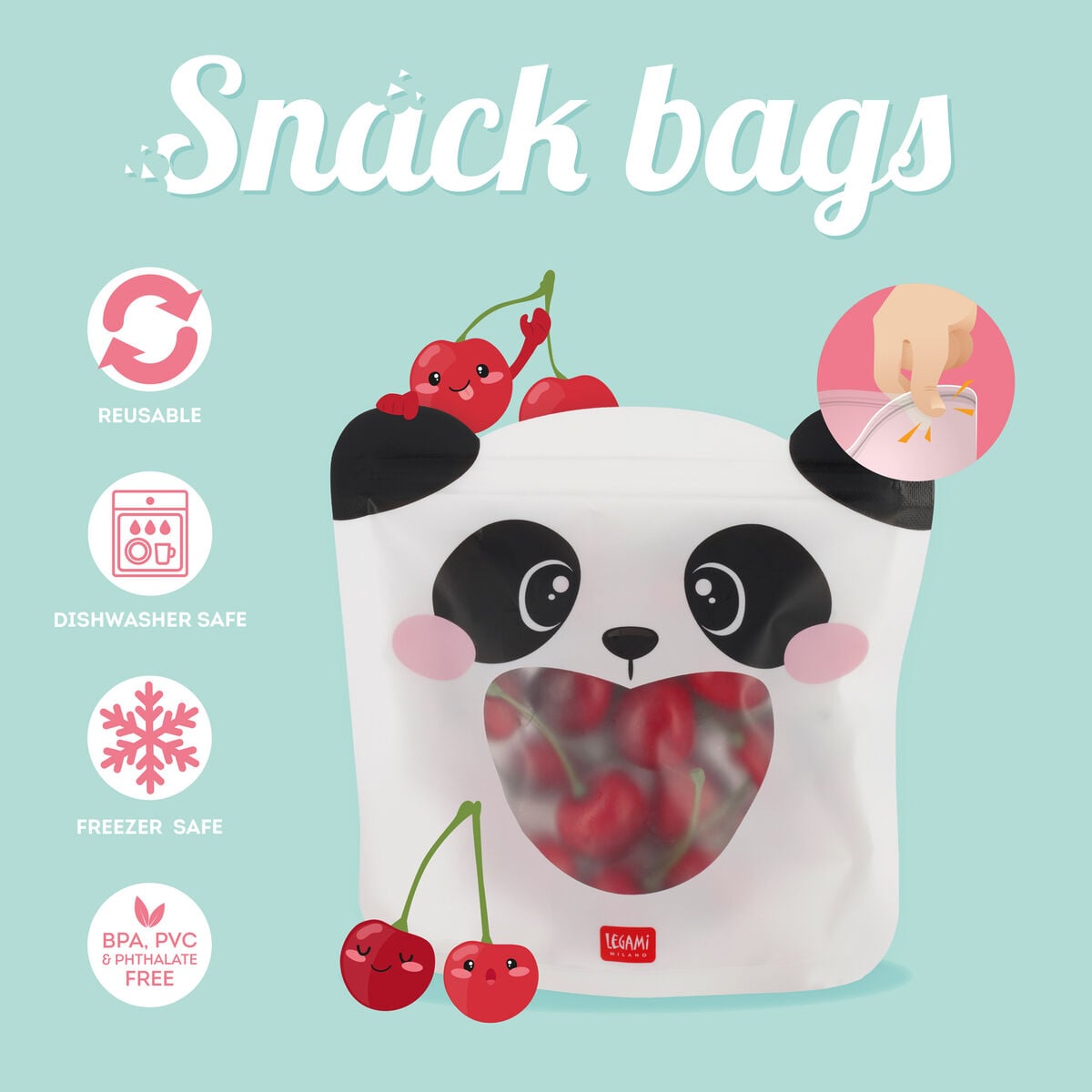 Legami - 3'lü Seti Reusable Snack Bags - Panda - Snack Bags
