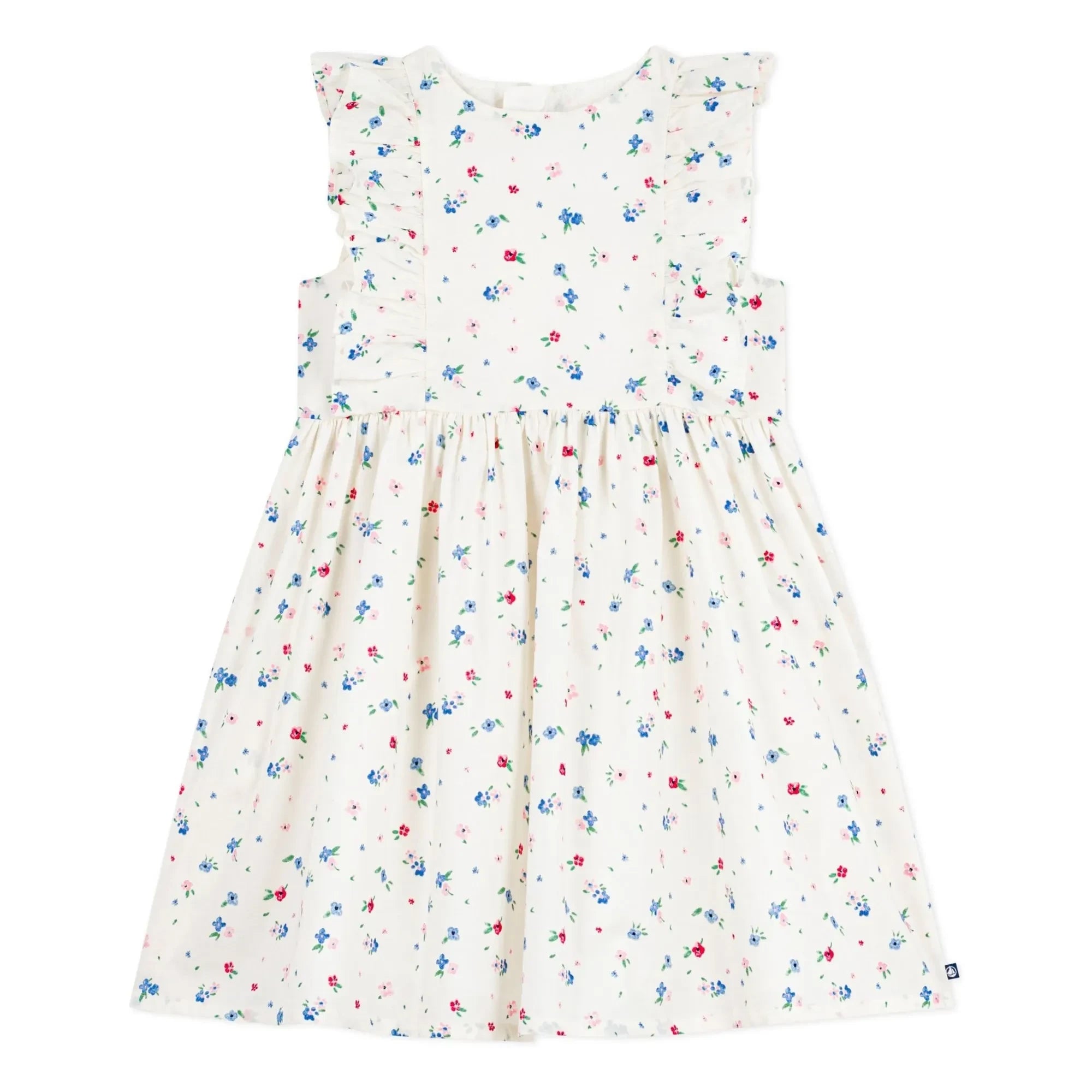 Petit Bateau - Çiçek Desenli Fırfırlı Elbise Organik Pamuk Poplin | Beyaz