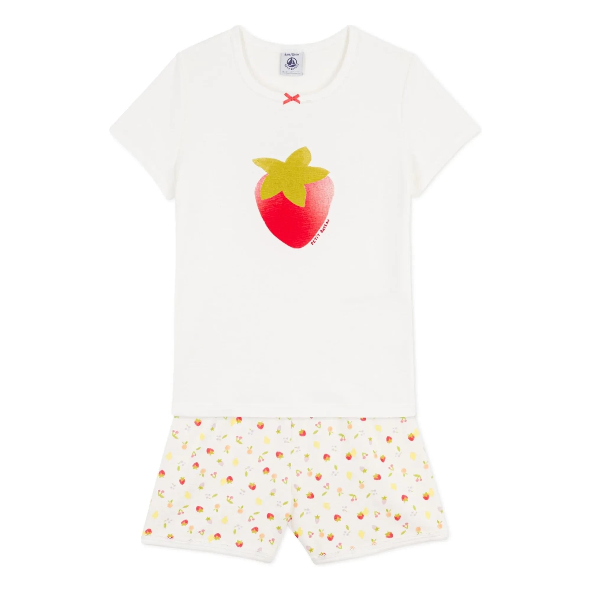Petit Bateau - Kurzer Schlafanzug aus Bio-Baumwolle mit Erdbeermuster | Ecru