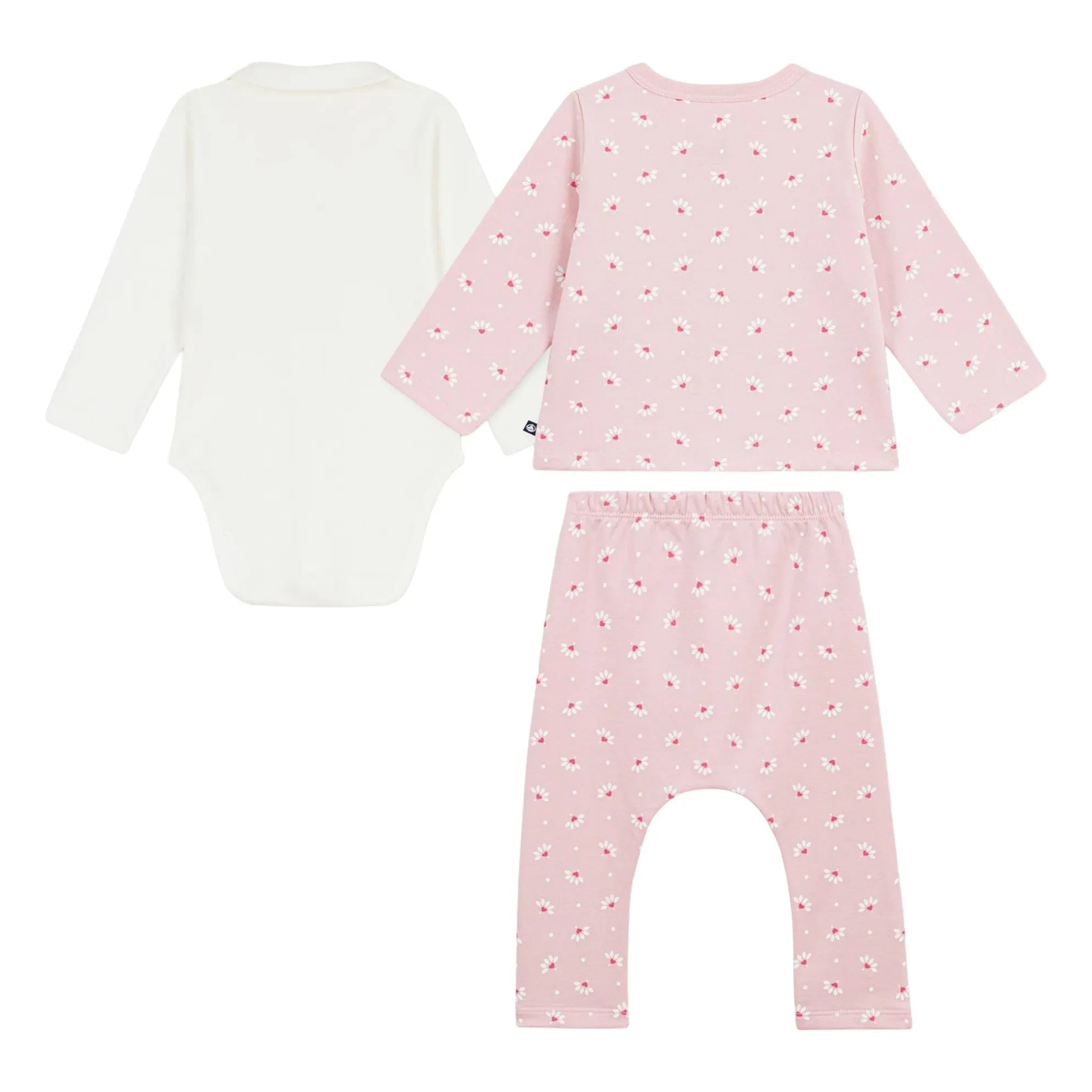 Petit Bateau - Set aus Bio-Baumwoll-Cardigan, Hose und Body mit Blumenmuster | Rosa