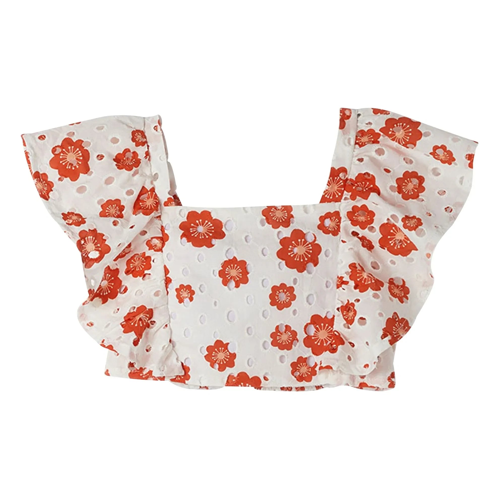 Fabula - Bluse mit gerüschten Ärmeln und englischer Blumenstickerei | Weiß