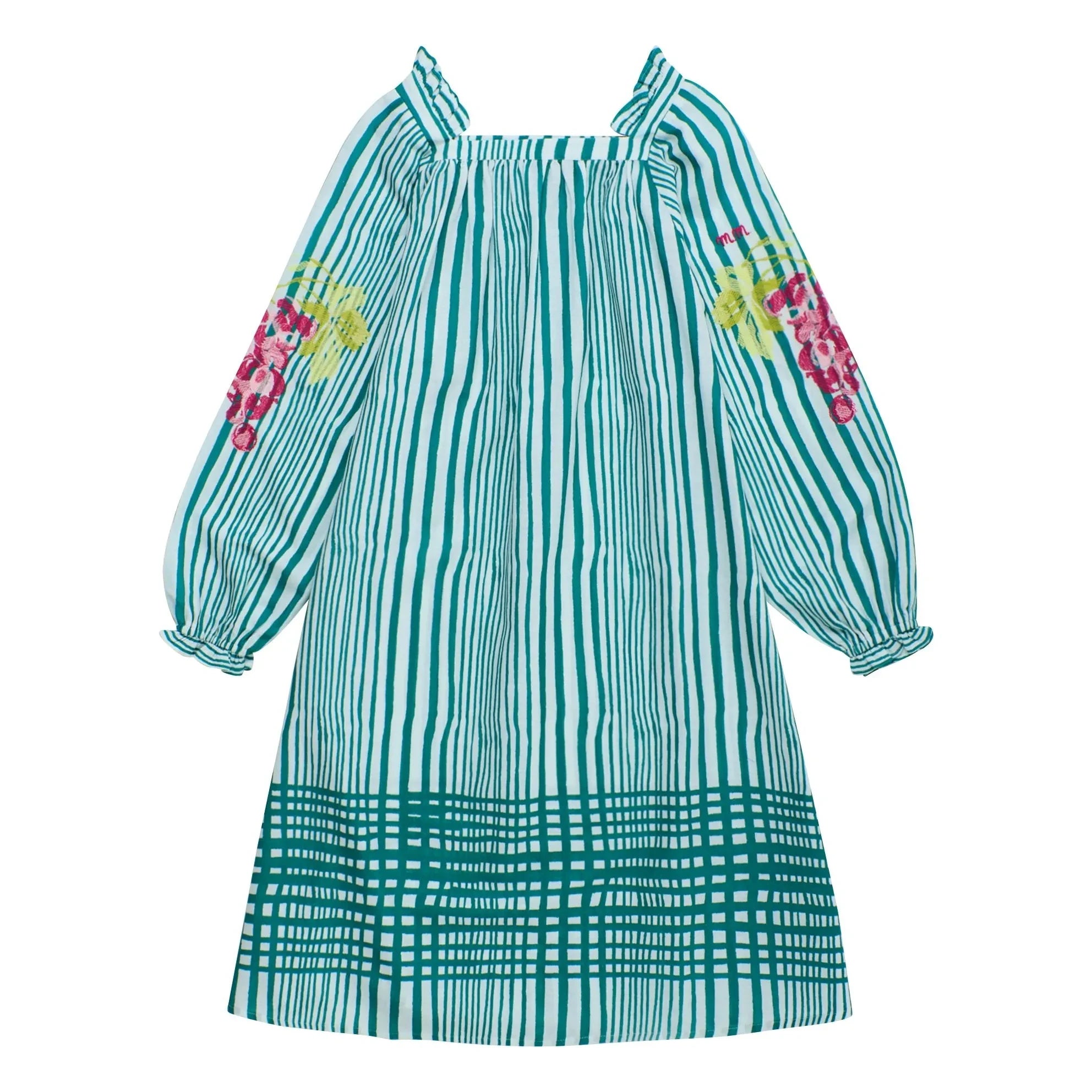 Maison Mangostan - Gestreiftes Kleid mit Ballonärmeln | Grün