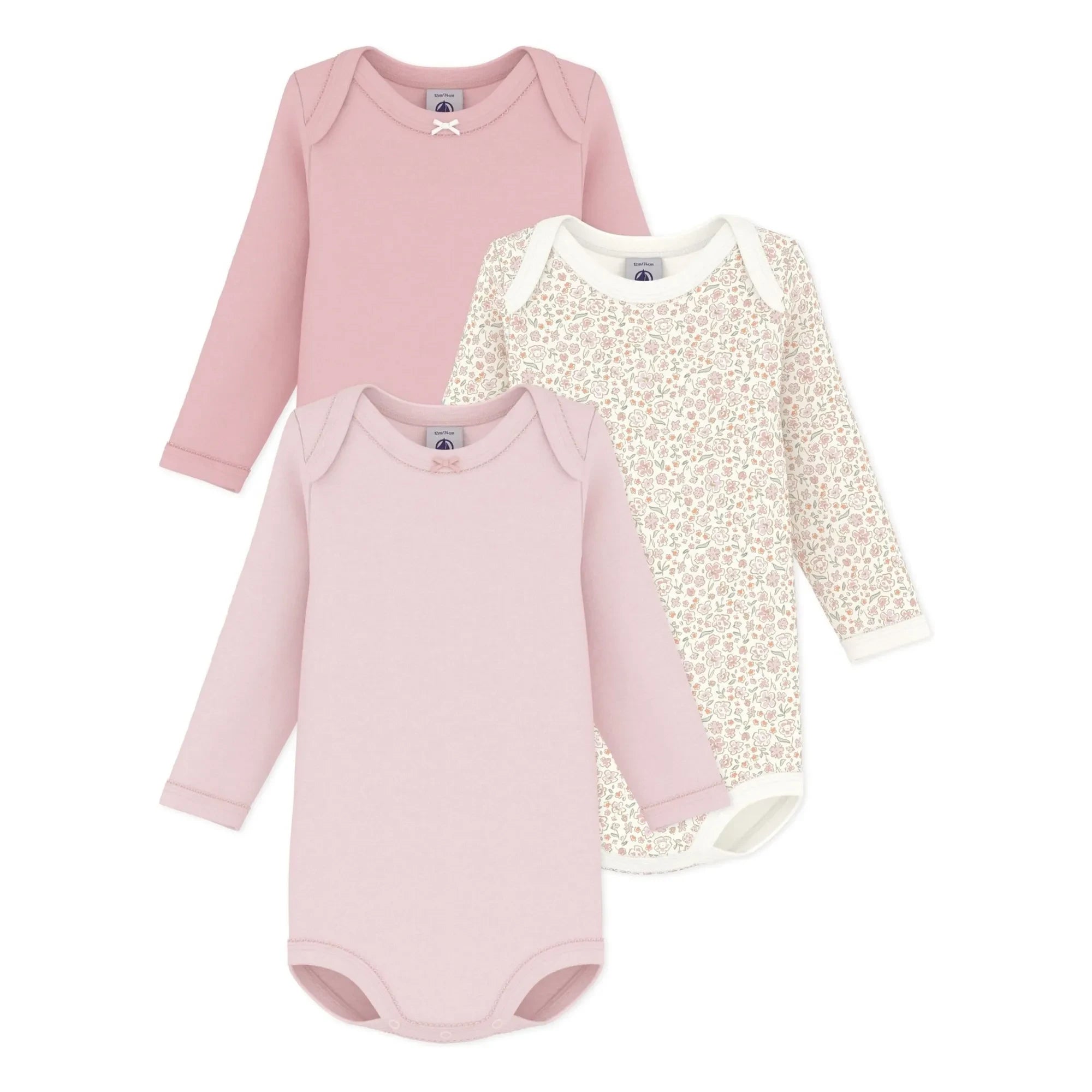 Petit Bateau - 3'lü Çiçek Desenli Düğümlü Organik Pamuklu Body | Pembe