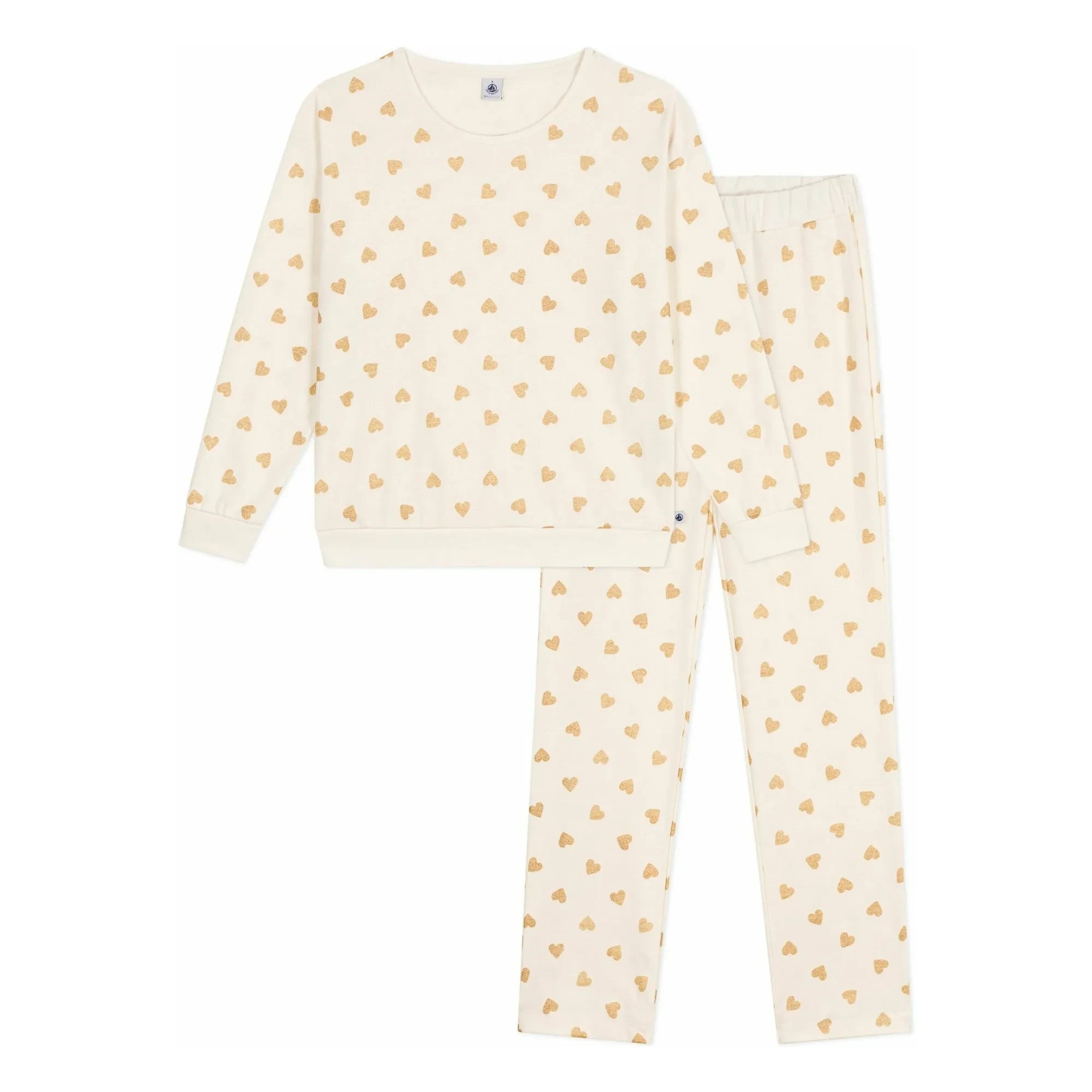 Petit Bateau - Organik Pamuklu Düz Pijama Takımı, Pul Payetli Kalpler | Ekru