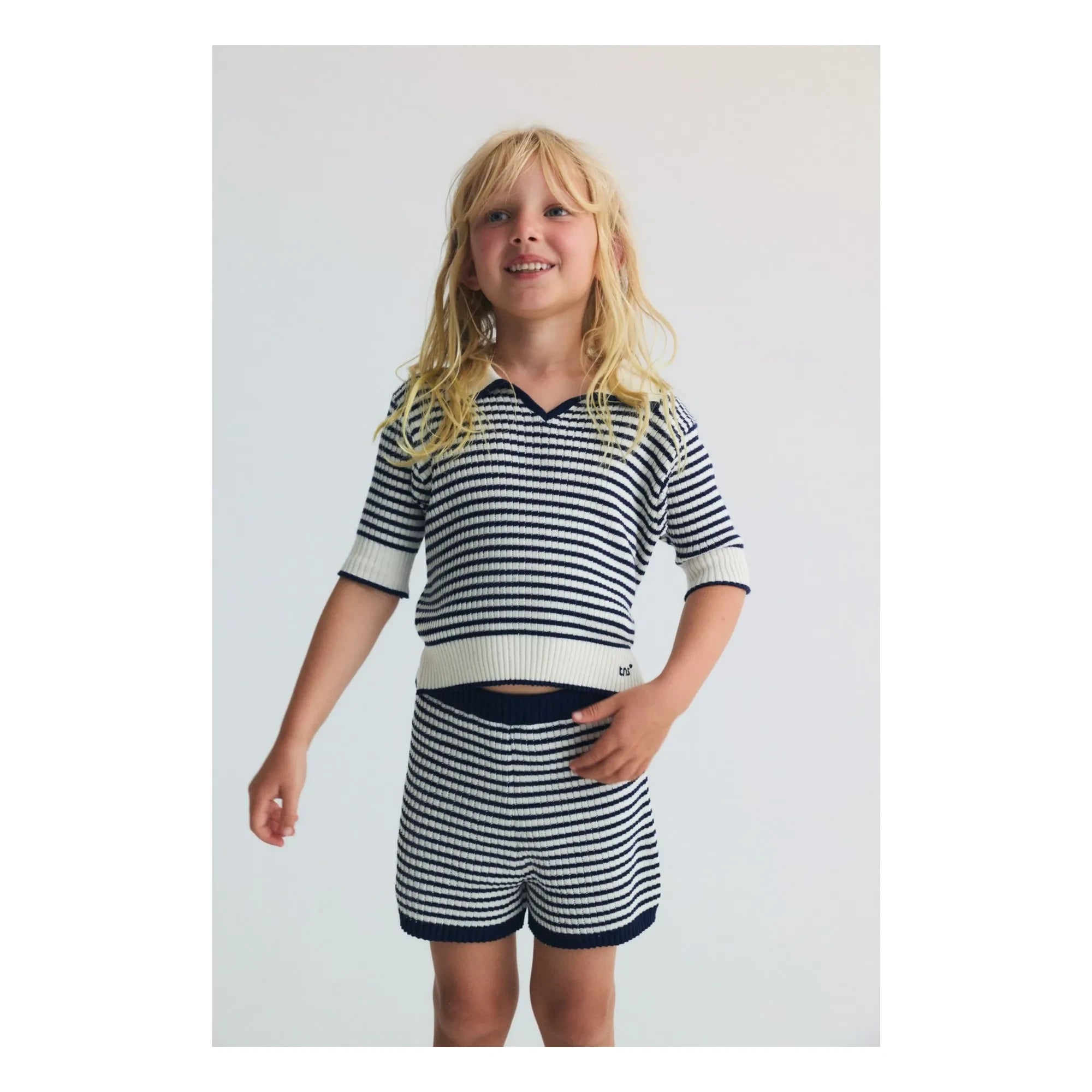 the new society - Gestreiftes Strick-Polo-Shirt | Dunkelblau