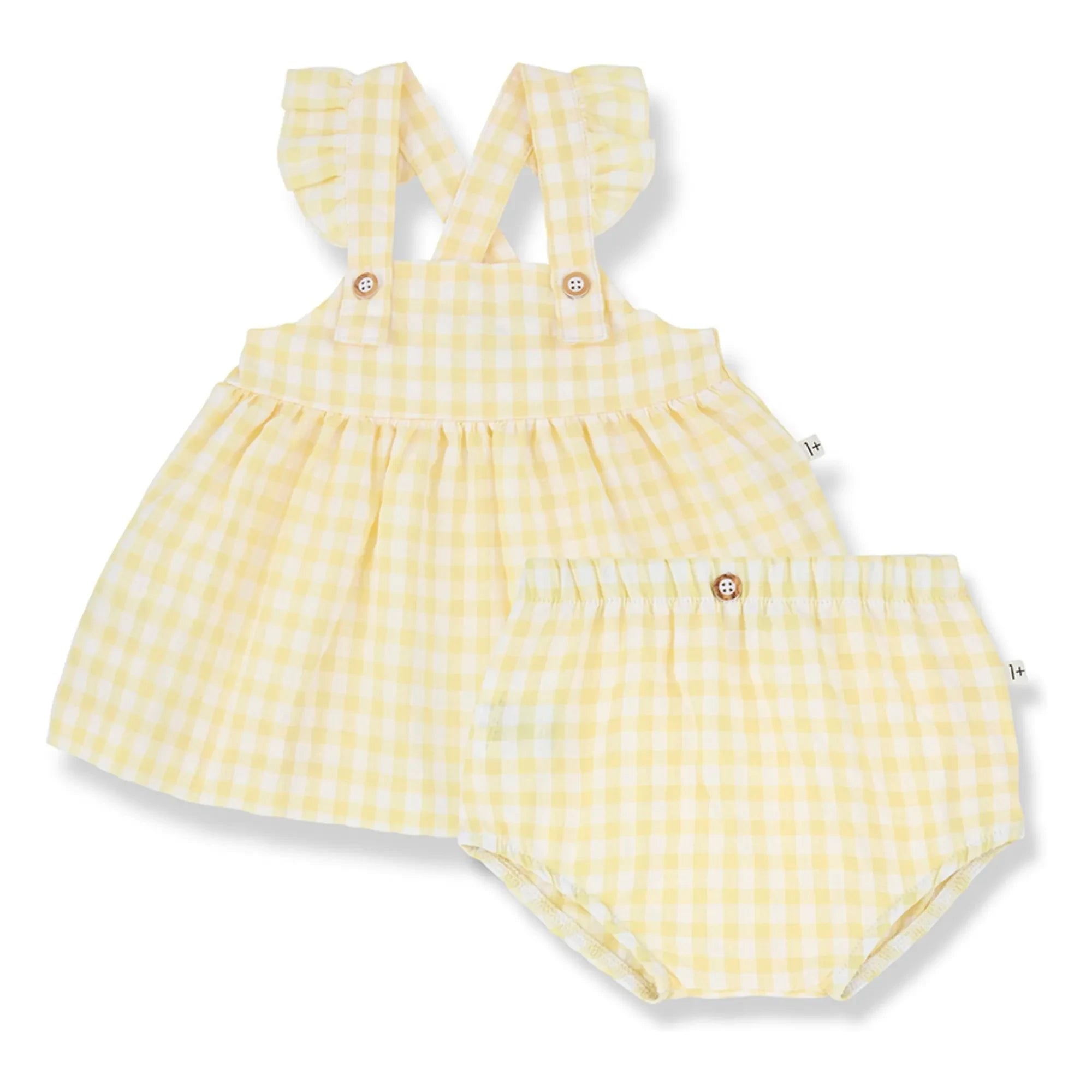 1+ in the family - Rodhes Vichy Seersucker Kleid und Höschen-Set | Blassgelb