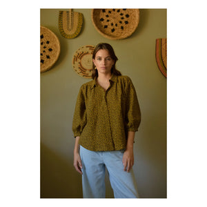 Marlot Paris - Appoline Mini Bluse mit doppelter Gaze aus Baumwolle mit Leopardenmuster - Damenkollektion | Braun