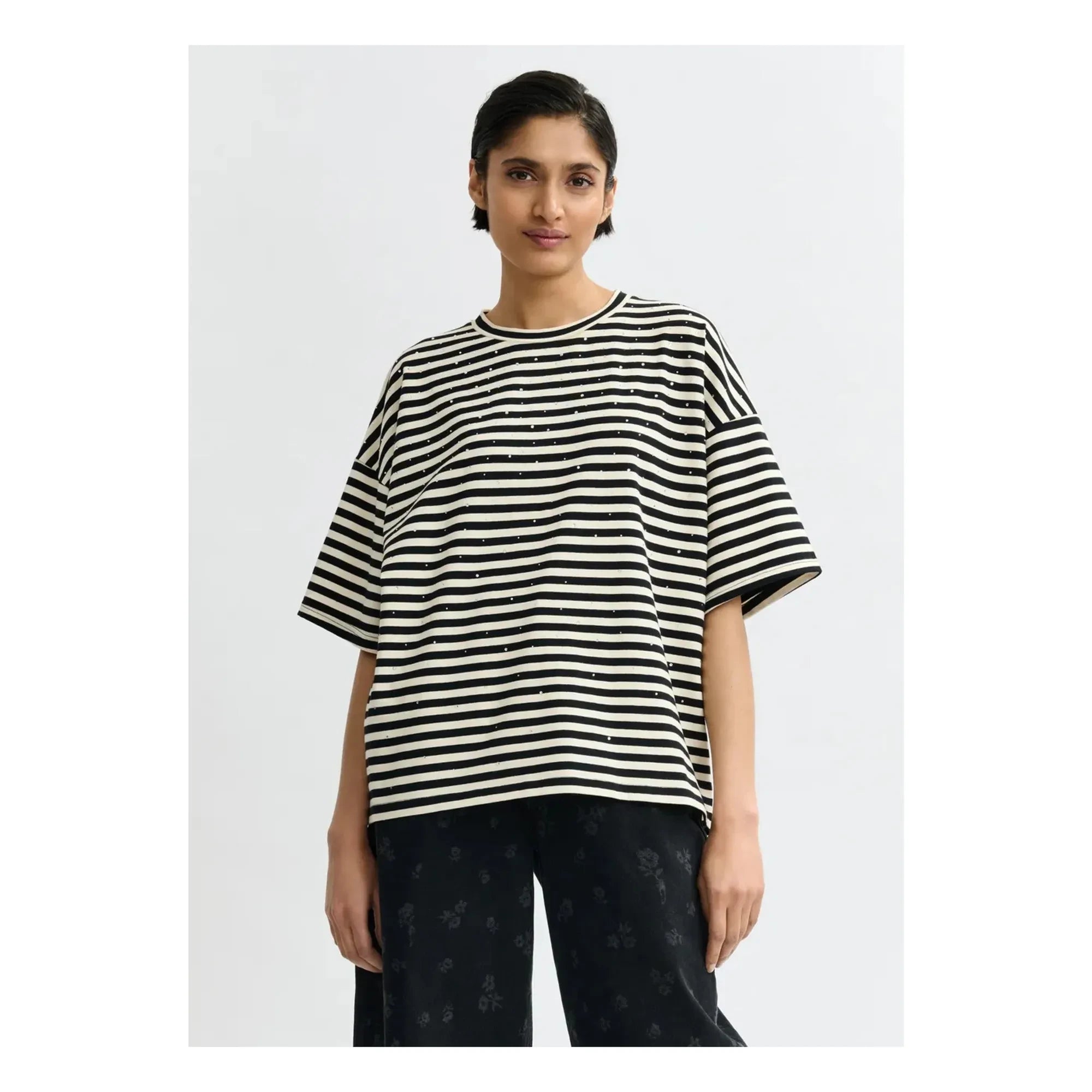 Essentiel Antwerp – Gestreiftes T-Shirt mit Strasssteinen Joste | Weiß