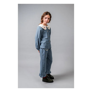 birinit - Gofre İşlemeli Claudine Yaka Bluz Organik Pamuk | İndigo mavi