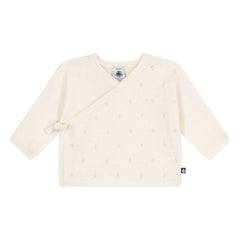 Petit Bateau – Wickelstrickjacke aus Pointelle-Wolle | Ecru