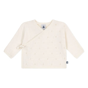 Petit Bateau – Wickelstrickjacke aus Pointelle-Wolle | Ecru