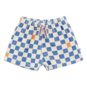 Arsène et Les Pipelettes - Damier Shorts aus Bio-Baumwollfrottee | Azurblau