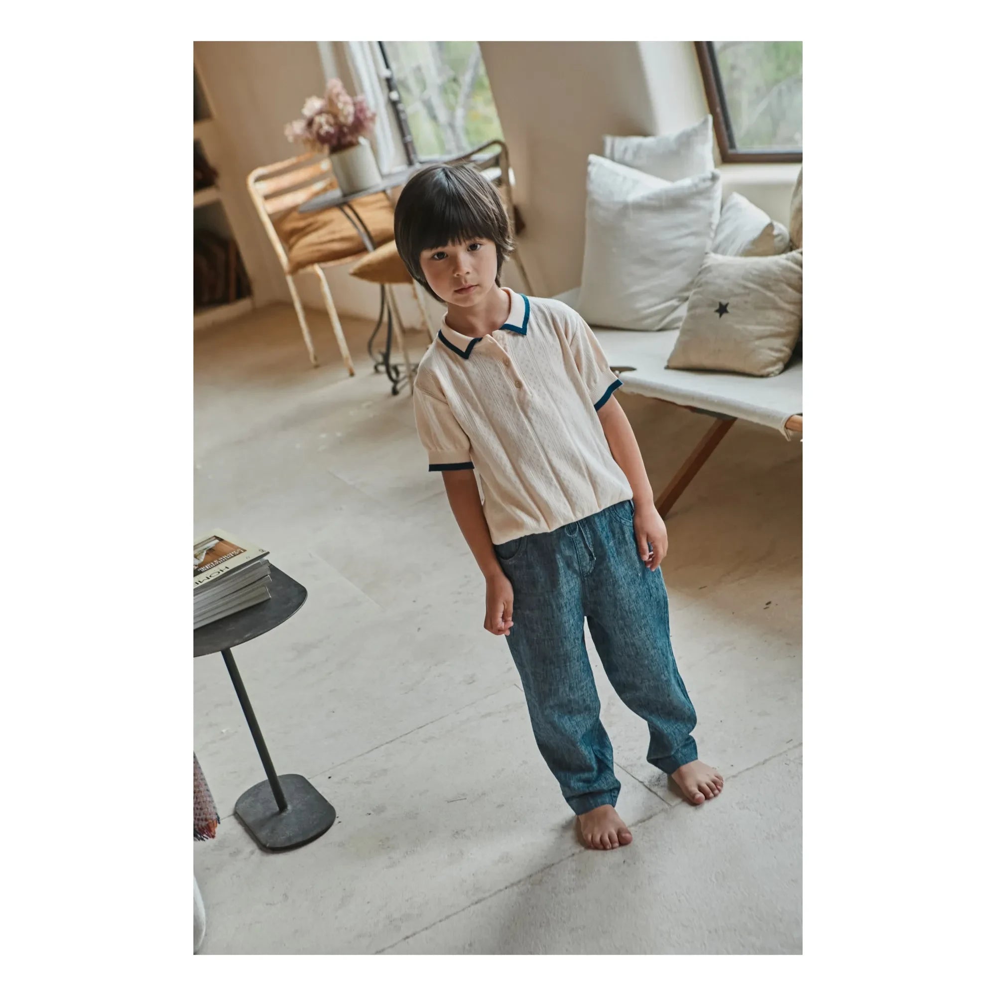 Emile et Ida - Pointelle Kontrast Polo Bio-Baumwolle | Creme