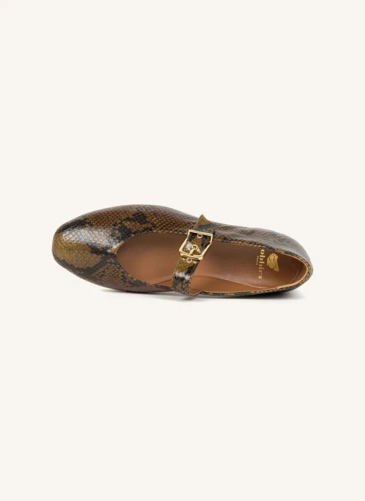 Bobbies - Ballerina Schuhe Mado Leder Schlangenleder-Optik | Khaki