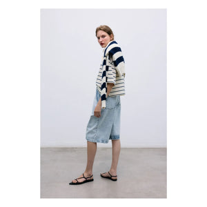 the new society - Musa Gestreifter Baumwollpullover | Nachtblau
