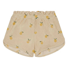 Studio Bohème - Georgy Kurze Frottee-Shorts aus Bio-Baumwolle mit Zitronenmuster | Sandfarbe