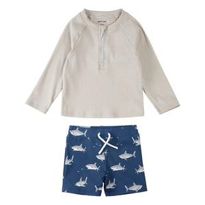 Petit Lem - Texturiertes Fischmuster UV-Schutz T-Shirt und Shorts Set recycelte Fasern | Grau