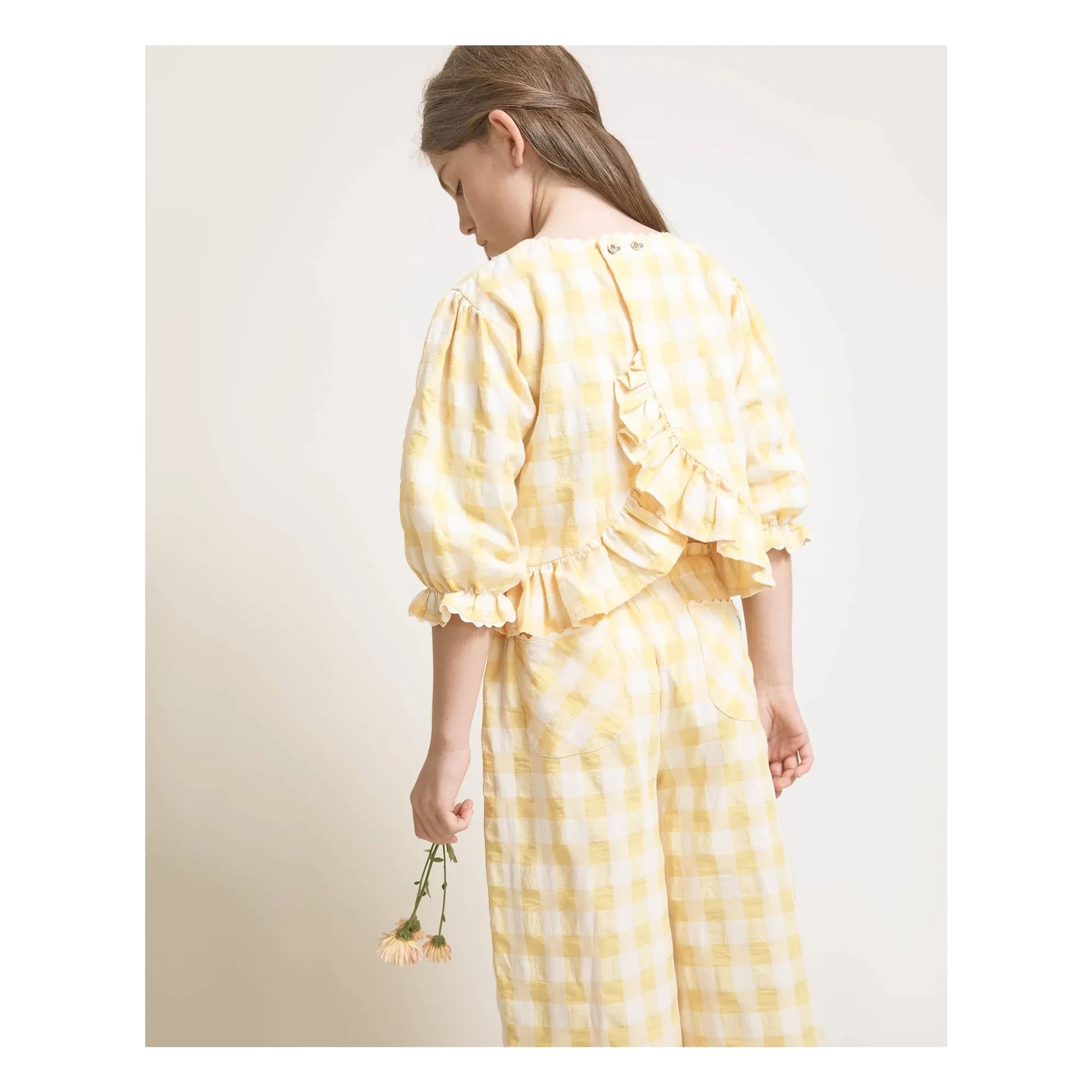 Búho - Gekräuselte Seersucker-Bluse mit 3/4-Ärmeln und Vichy-Karos | Gelb
