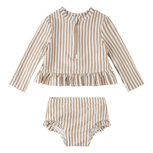 Petit Lem - Gestreiftes Seersucker UV-Schutz T-Shirt und Slip Set aus recycelten Fasern | Beige