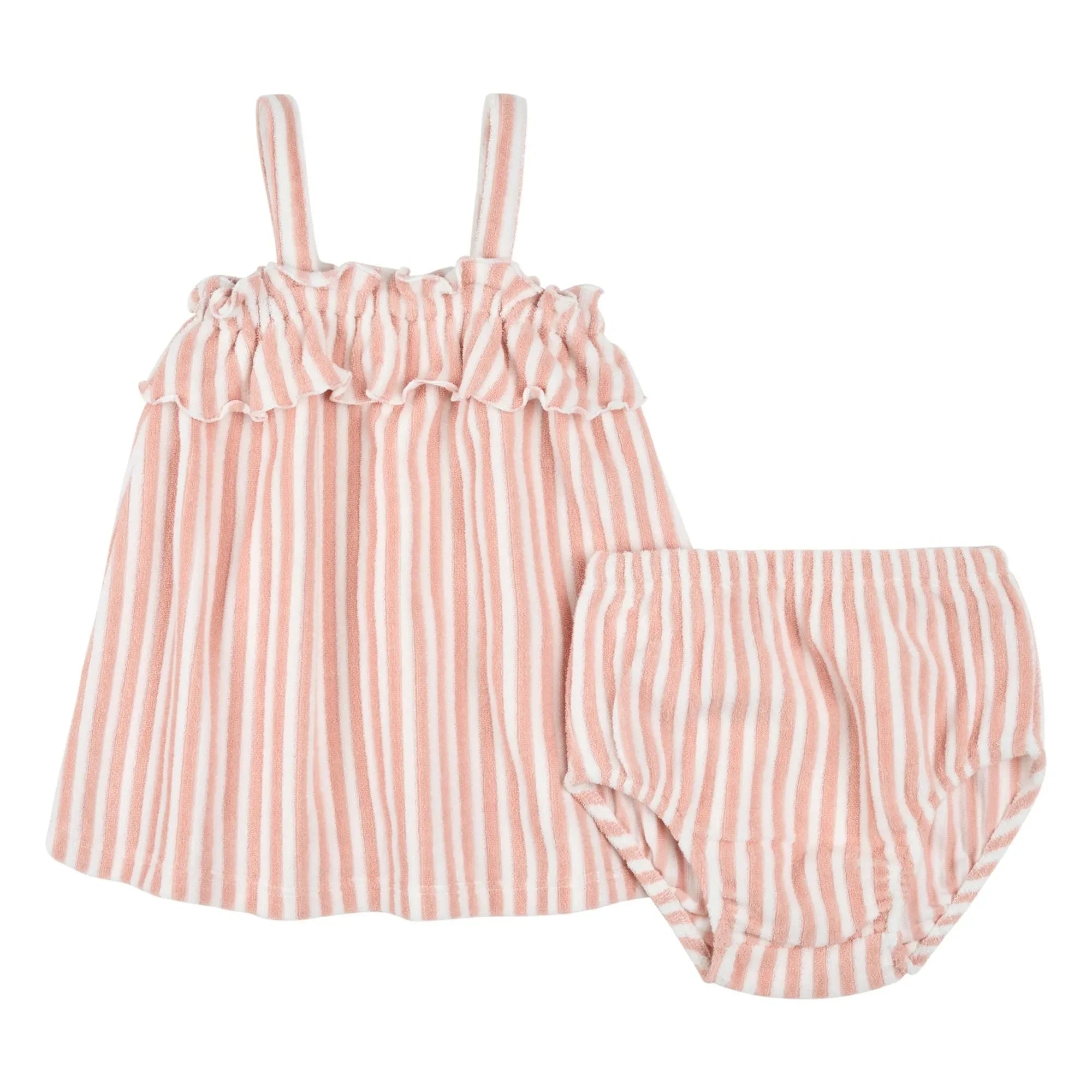 Petit Lem – Gestreiftes Handtuchkleid und Höschen aus Bio-Baumwolle | Rosa