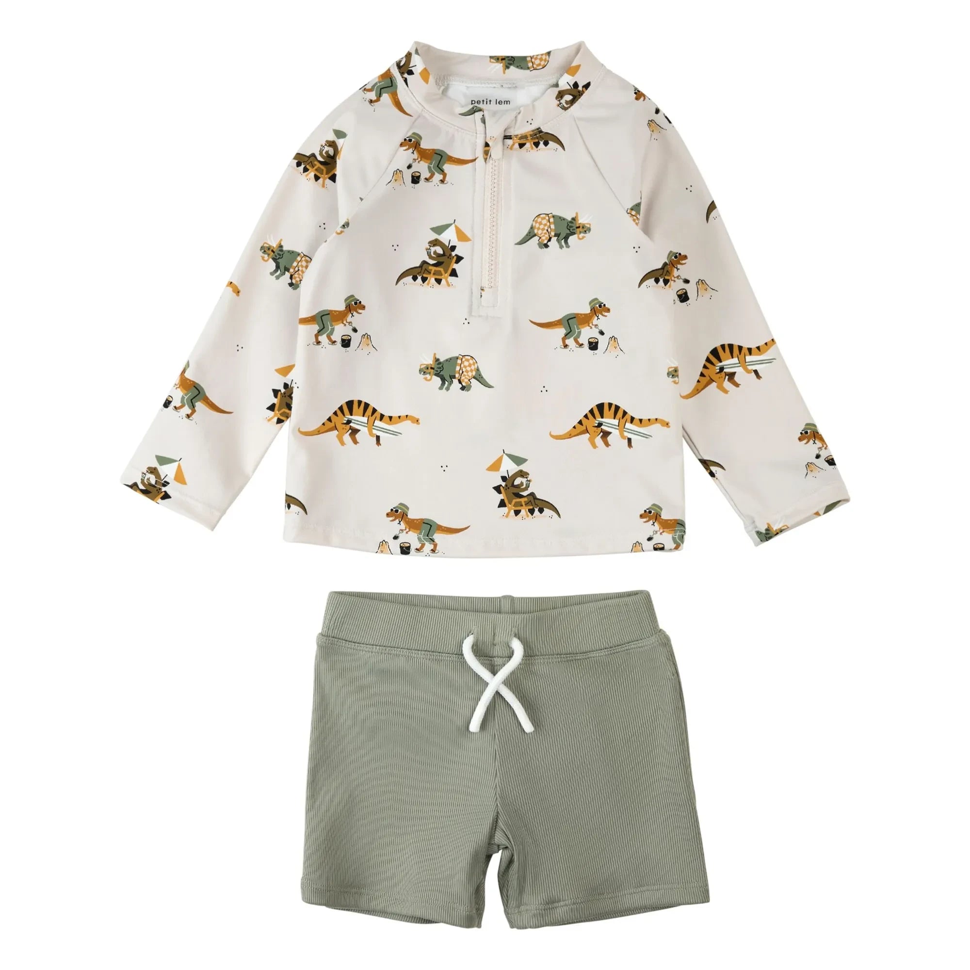Petit Lem - Dinosaurier UV-Schutz T-Shirt und Shorts Set aus recyceltem Material | Khaki