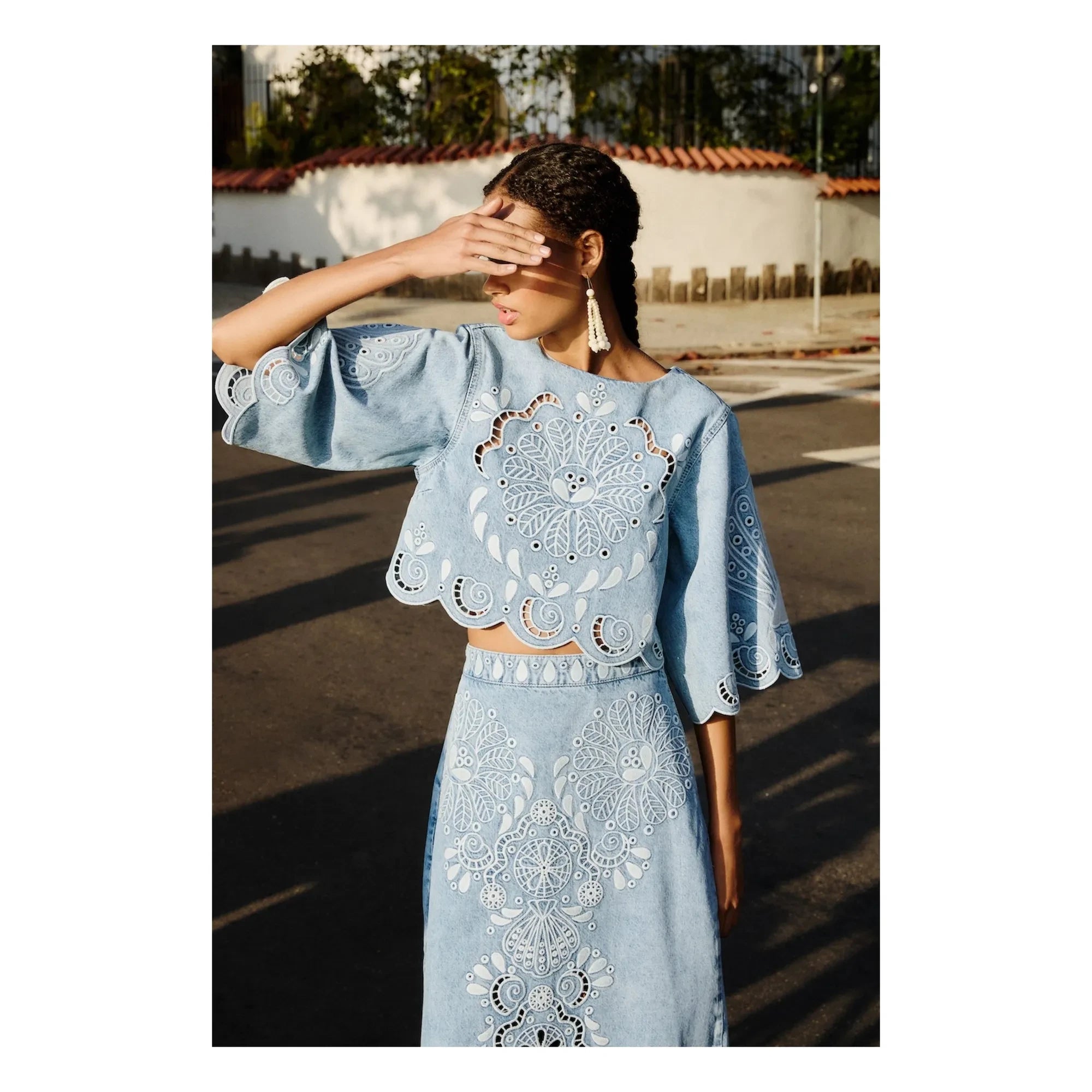 Farm Rio - Richelieux Bluse | Jeansblau