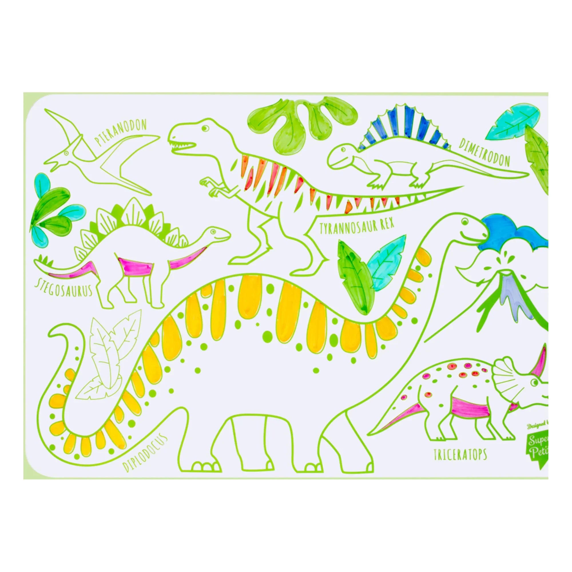 Superpetit - Doppelseitige Mini-Mal-Tischset mit 4 Filzstiften - Dinosaurier