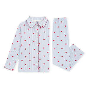 Petit Bateau - Çizgili Kalpli Pijama Gömleği Organik Pamuk | Mavi
