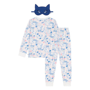 Petit Bateau – Schlafanzug aus Bio-Baumwolle mit Katzenmaske und Blumenmuster | Weiß