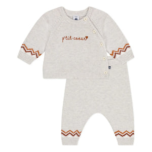 Petit Bateau - P'tit Cœur Wollpullover und Hose | Melierter Beige
