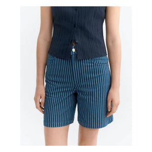 Thinking Mu - Luisa Gestreifte Bio-Baumwoll-Shorts | Grau-Blau