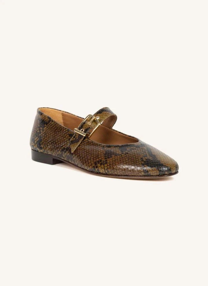 Bobbies - Ballerina Schuhe Mado Leder Schlangenleder-Optik | Khaki