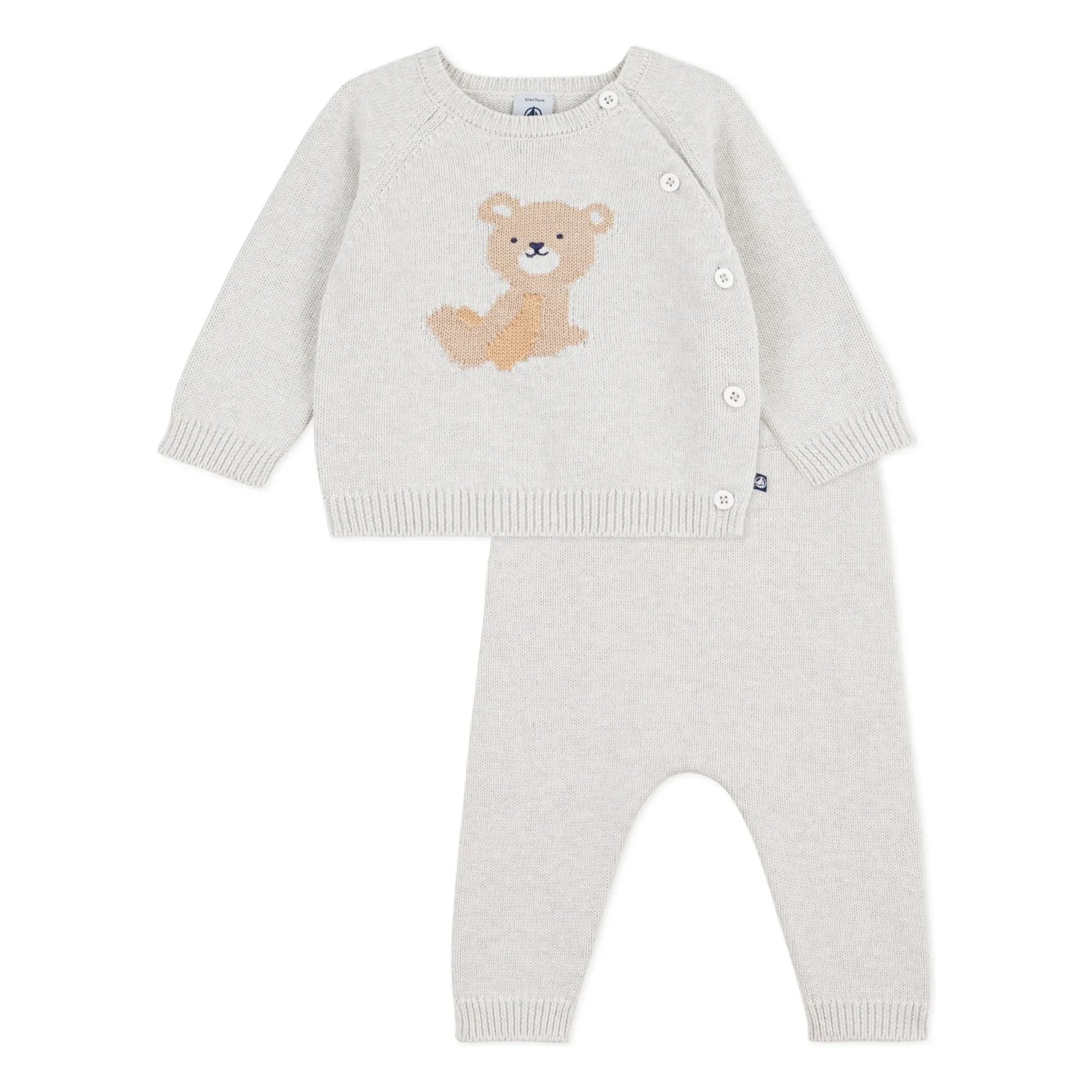 Petit Bateau - Teddybär Jacquard Pullover und Hose aus Bio-Baumwolle | Heather beige