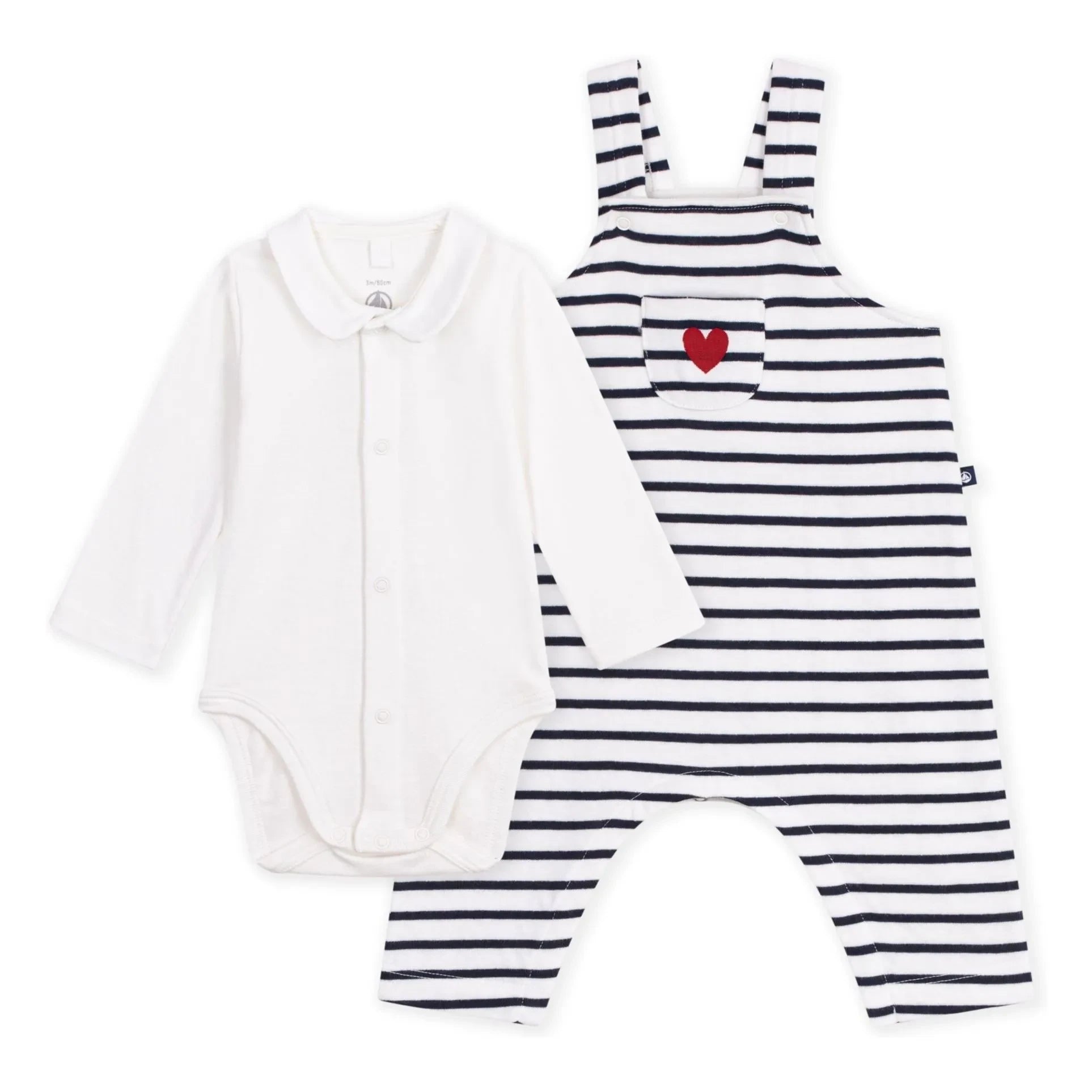 Petit Bateau - Organik pamuklu çizgili salopet ve body seti | Beyaz
