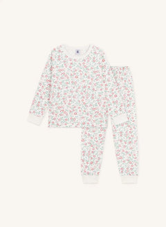 Petit Bateau - Organik pamuklu polar çiçek desenli pijama | Beyaz