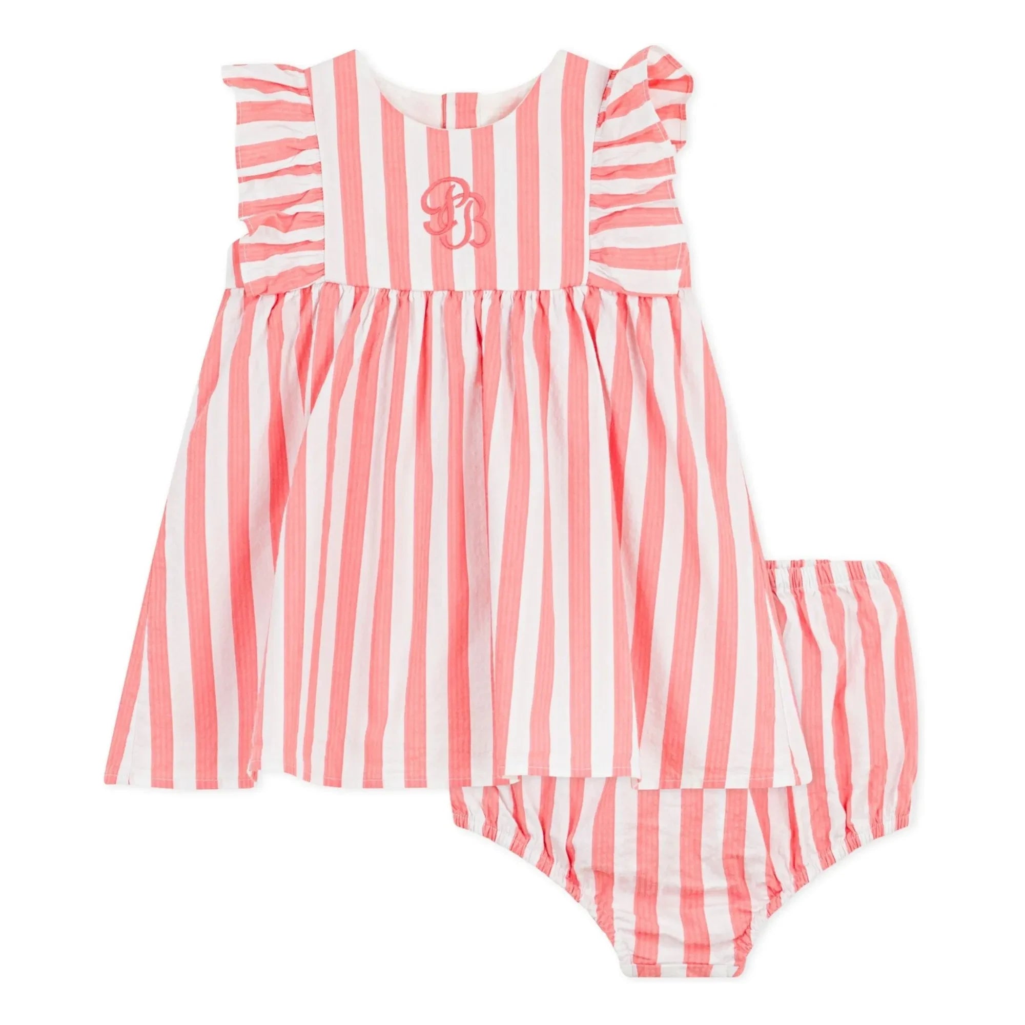 Petit Bateau - Gestreiftes Seersucker Kleid aus Bio-Baumwolle und Bloomer-Set | Koralle