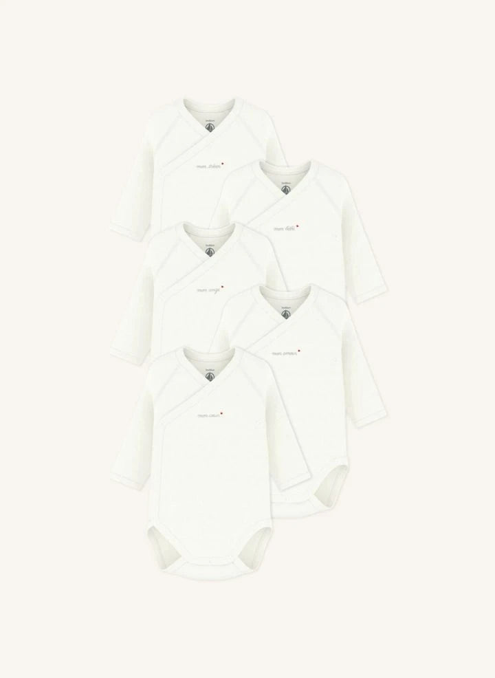 Petit Bateau - 5er Mon Coeur Bio-Baumwoll-Wickelbody-Set | Weiß
