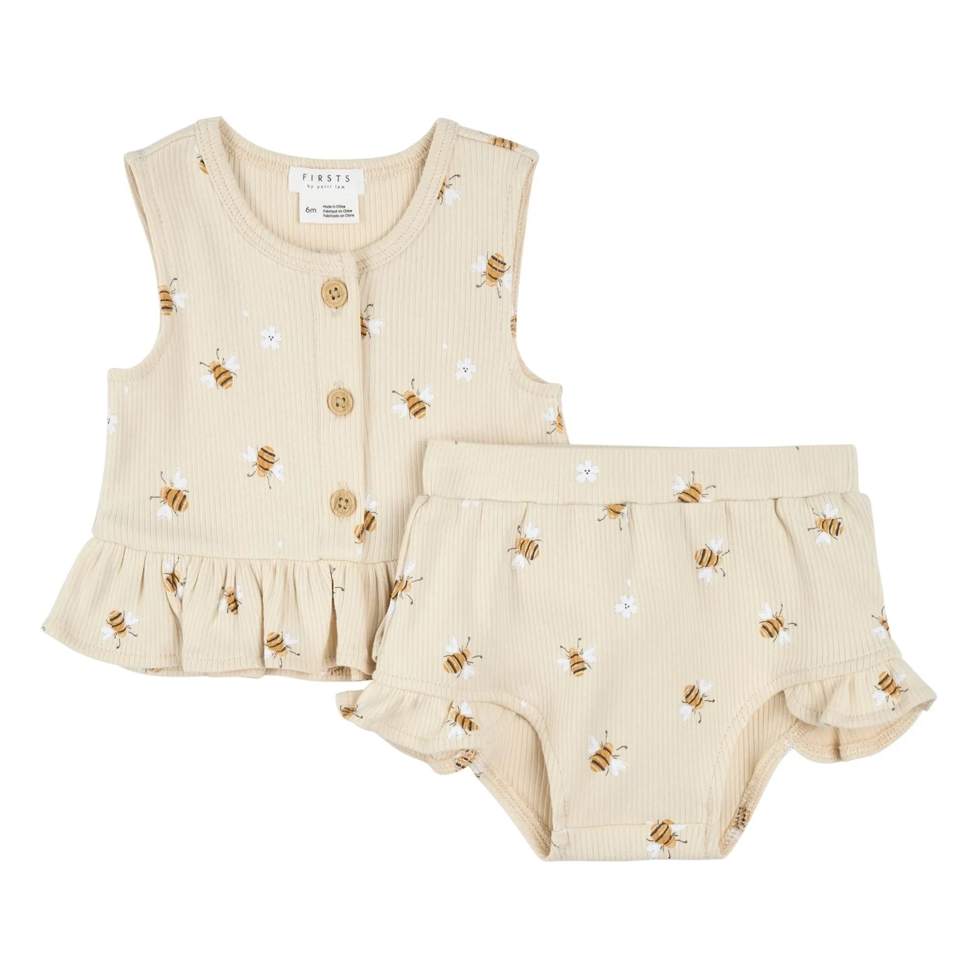 Petit Lem - Bio-Baumwolle Geripptes Oberteil und Shorts-Set mit Bienenmuster | Beige